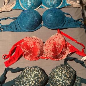 Victoria's Secret Teal, Red & Navy Lace Push-Up Bra Set